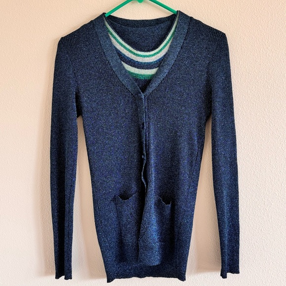 Vintage 1970s Cardigan Set Metallic Knit Lurex Blue Green Silver EUC Renée Tener - Picture 9 of 9